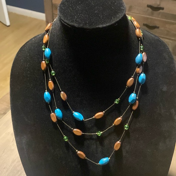 Lia Sophia 3 Tier Turquoise & Wood Necklace - Picture 1 of 5